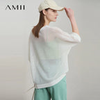 Amii Minimalist Women's Hollowed-out Knitted Pullover 2025 Summer New Half-sleeve Crew Neck Loose Blouse Thin Solid Top 12542139