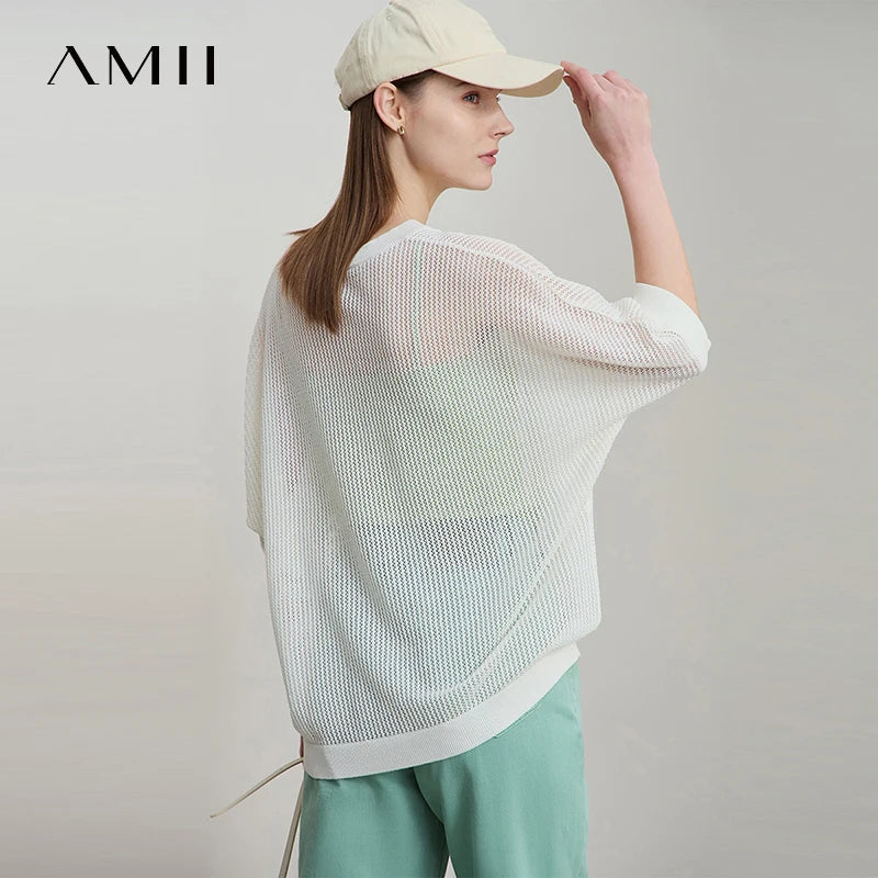 Amii Minimalist Women's Hollowed-out Knitted Pullover 2025 Summer New Half-sleeve Crew Neck Loose Blouse Thin Solid Top 12542139