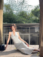 2024 Korean Style Open-back Halter Neck Dress Women's Summer Elegant Long Dress Waist-fitted A- line Skirt Sleeveless