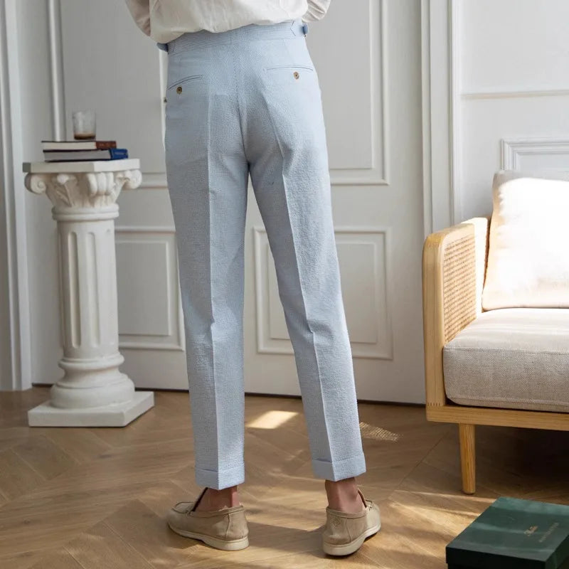 High-end Striped Men's Suit Pants Spring Summer Thin Italian Straight Casual Trousers Blue Paris Buckle Business Trousers