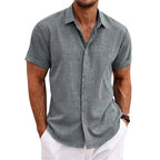 Men Cotton Linen Hot Sale Men's Short-Sleeved Shirts Summer Solid Color Turn-down Collar Casual Beach Style Plus Size Tops