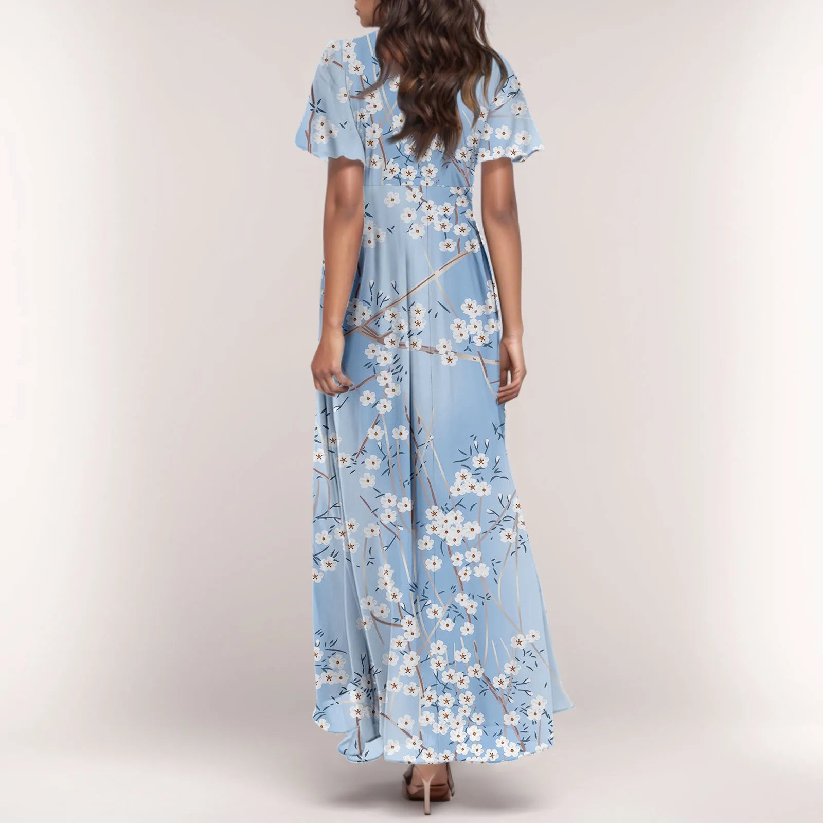 Women V-neck Ruffle Short Sleeve Maxi Dress Waist Tight High-waist Hem Sweet Floral Print Elegant Dress Female Clothing Vestidos