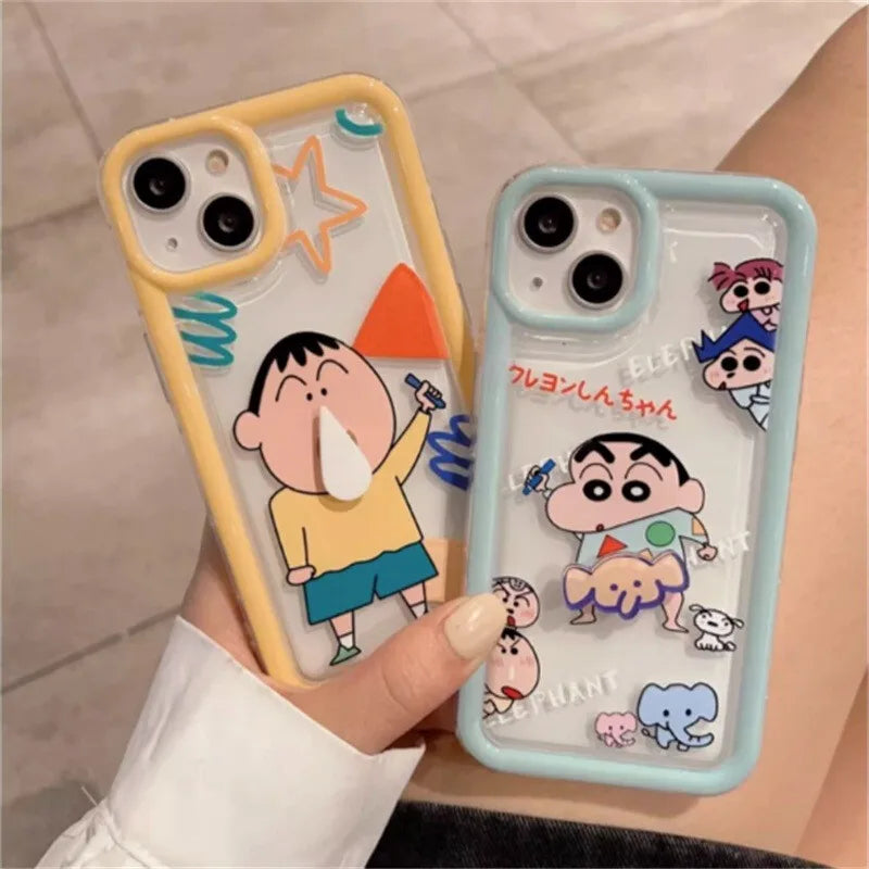 3D Rotating Crayons Shin-Chans Phone Case For IPhone 16 15 14 Pro Max Plus 11 13 12 Mini Pro Max Cover Airbag Clear Soft Casing