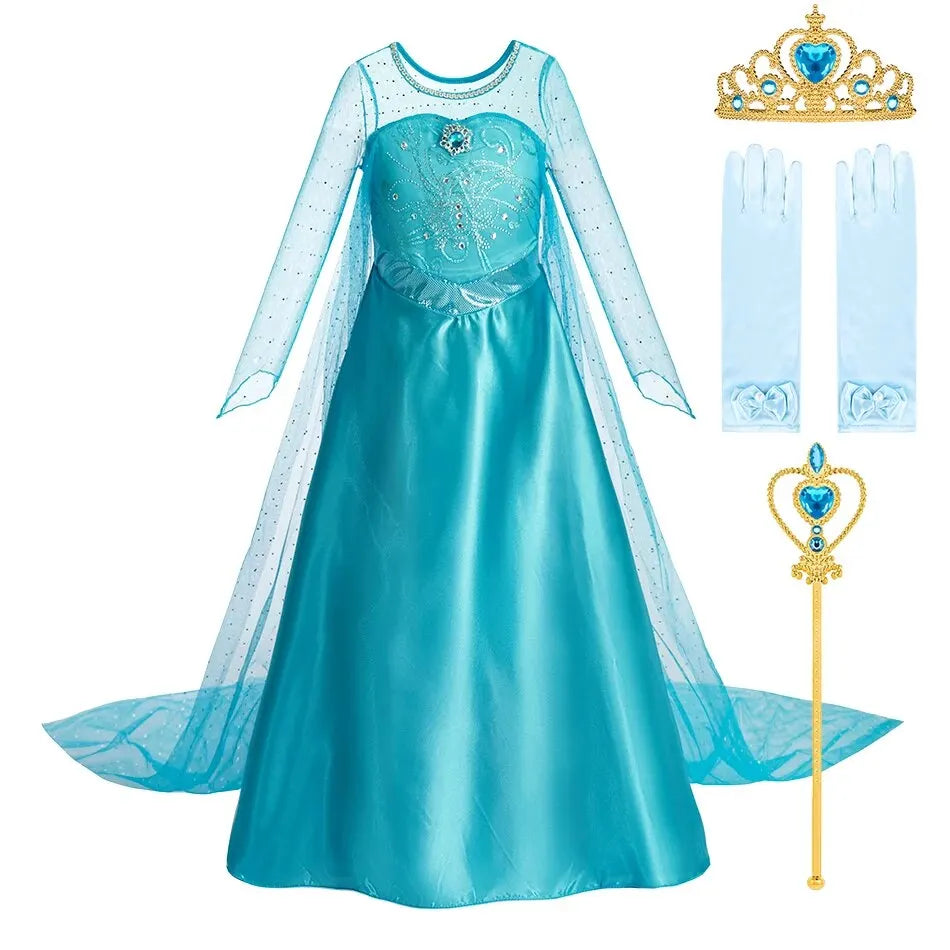 Halloween Elsa Dress for Girls Children Party Princess Costume Kids Disguise with Long Cloak Girl Snow Queen Carnival Clothes