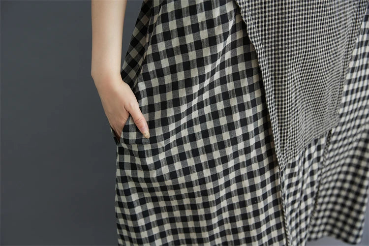 Short sleeve oversized vintage plaid patchwork new in dresses for women casual loose long summer dress elegant clothing 2025