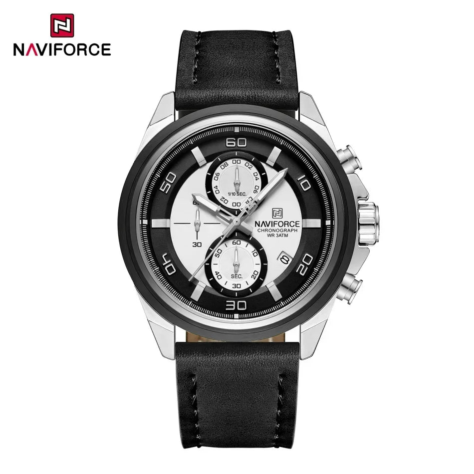 NAVIFORCE  Hands Wristwatches Genuine Leather Strap Alloy Case Casual Watches Dress Watch for Men Waterproof with Date Luminous