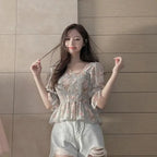 Chiffon Shirt for Women New Floral Flared Sleeves Wrapped in Chest and Waist to Make Them Look Slim Top for Women