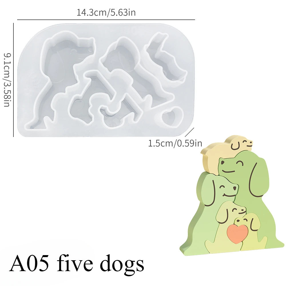 Dogs Family Puzzles Clay Silicone Mold Cat Bear Elephant Gypsum Plaster Mould Animal Craft Ornament Cement Concrete Resin Mold