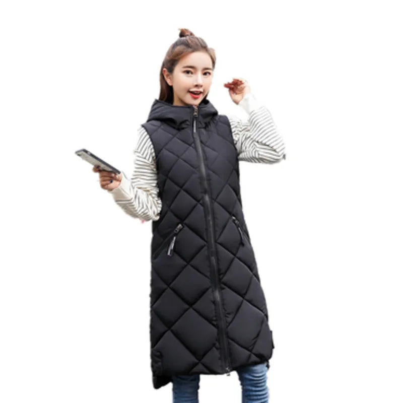 Women's Sleeveless Vest Long Down Padded Jacket Solid Color Hooded Loose Ladies Fashion Casual Warm Winter Jacket Vest Women