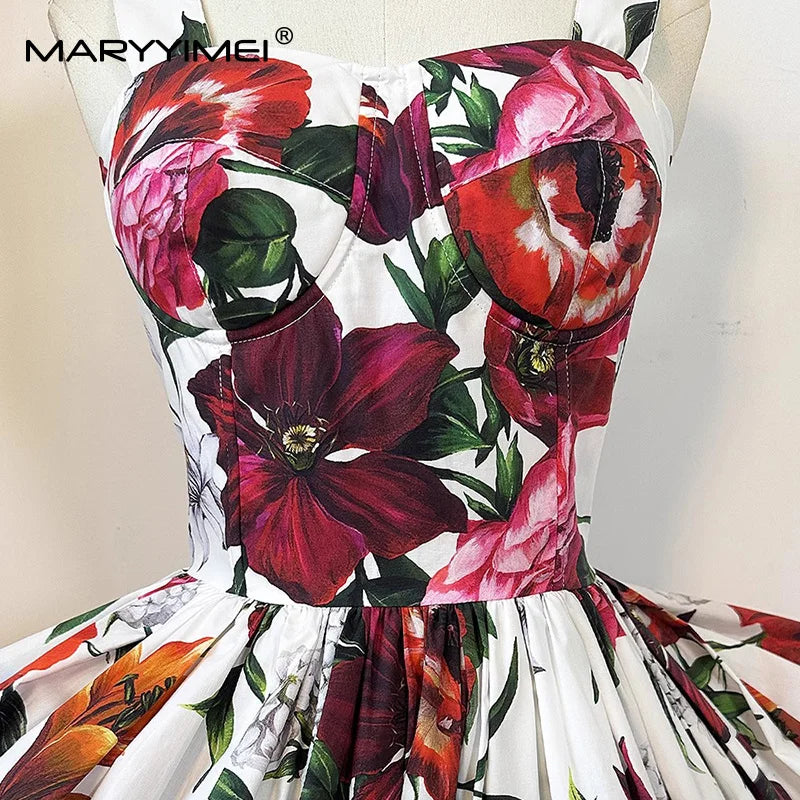 MARYYIMEI Fashion Design Summer Women's Dress Spaghetti Strap Backless Square-Neck Casual Holiday Cotton Dresses