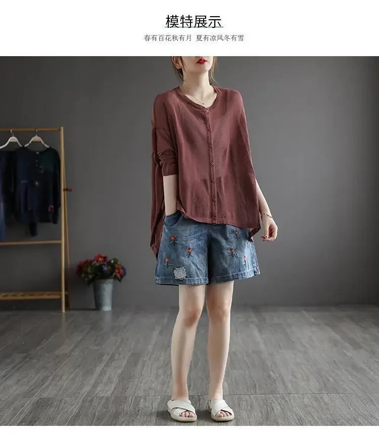 Vintage Jeans Shorts Women Summer Floral Embroidery Elastic High Waist Denim Shorts Design Wide Leg Trousers Blue Black Shorts