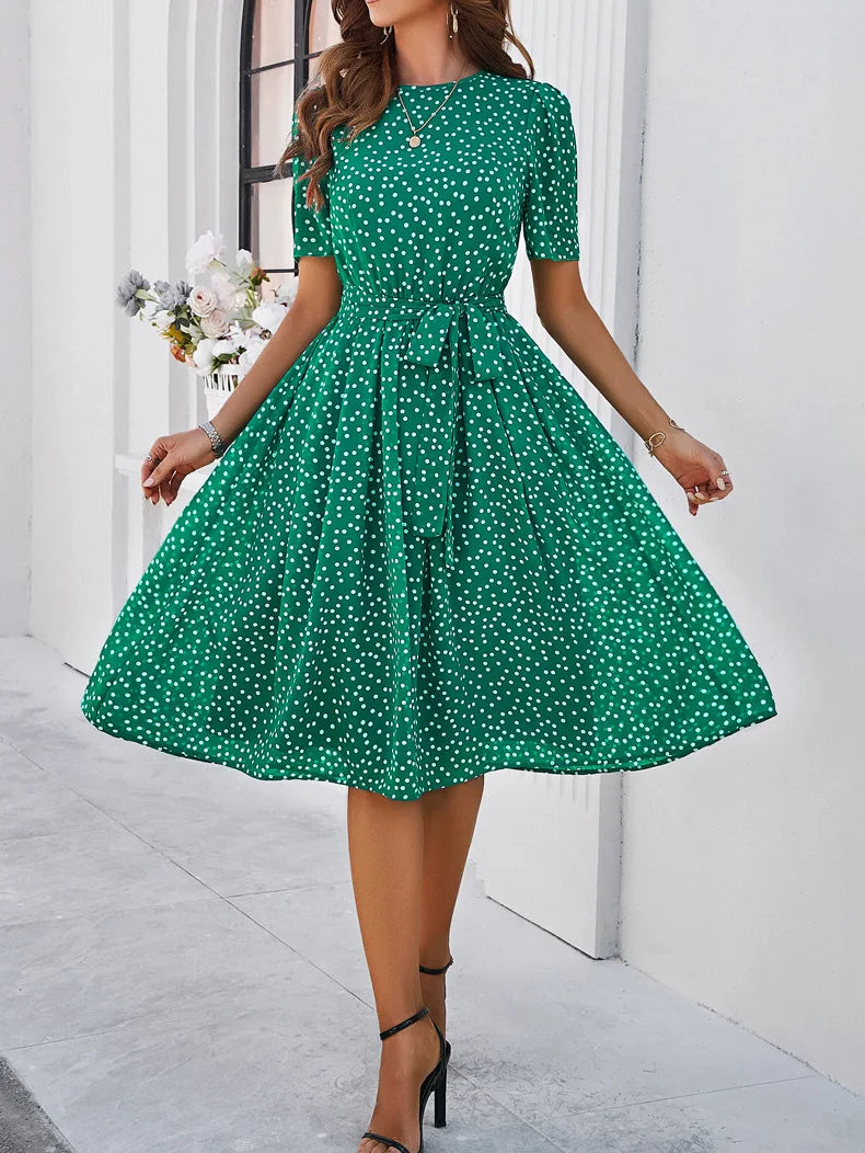 Casual Loose Printed Dot Short Dresses For Women 2025 Fashion Summer Women's A-Line Midi Dress Elegant Vintage Female Dresses