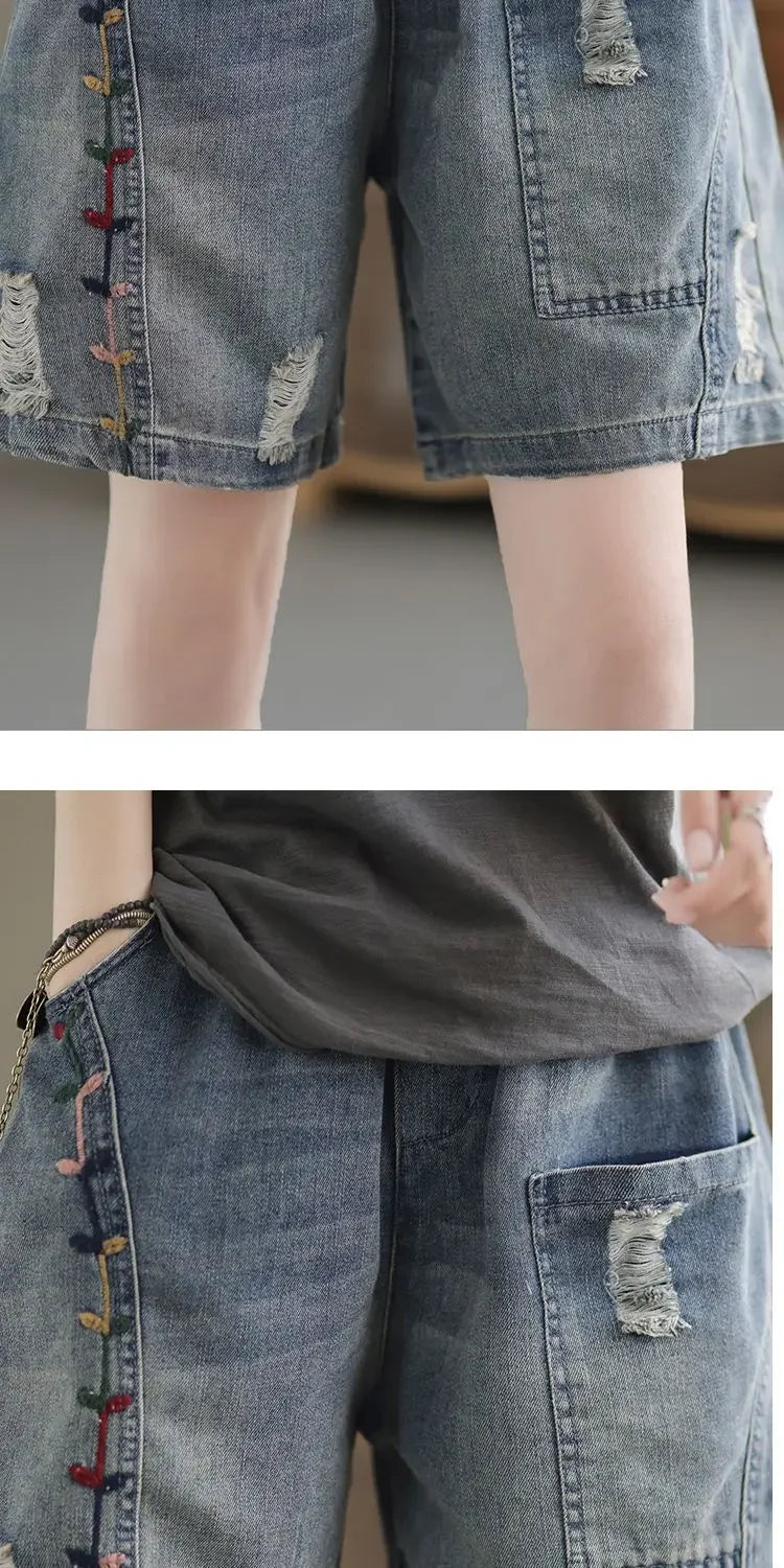 Vintage Jeans Shorts Women Summer Floral Embroidery Elastic High Waist Denim Shorts Design Wide Leg Trousers Blue Black Shorts