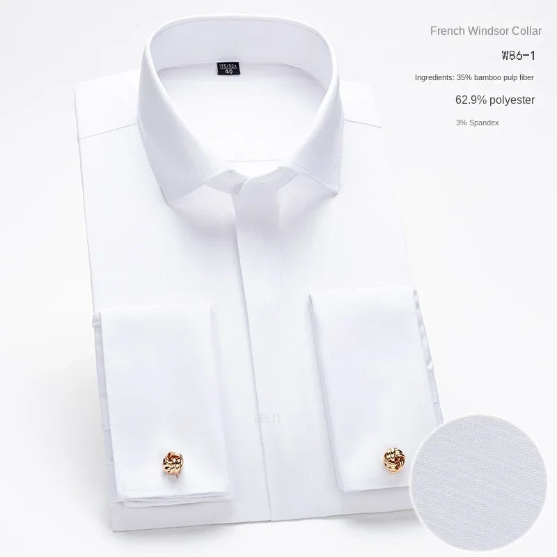 2024 Niche Chic Double Folded Sleeve Windsor Collar  Business Long-sleeved Shirt Men's High-grade  Dress random French Cufflinks
