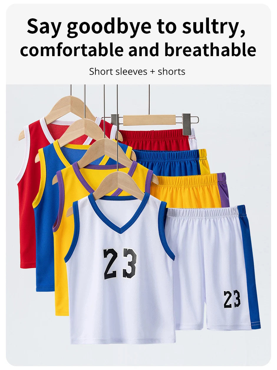 2 Pcs Summer Children's Quick Drying Sports Suit Boys' Comfortable And Breathable Multi-color Vest Girls' Running Casual Shorts