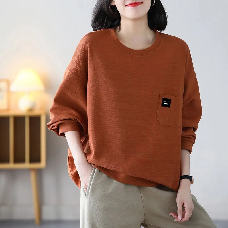 Spring Autumn Round Neck Women's Clothing Solid Color Pullover Lantern Long Sleeve Loose Hoodies Elegant Fashion Pockets Tops