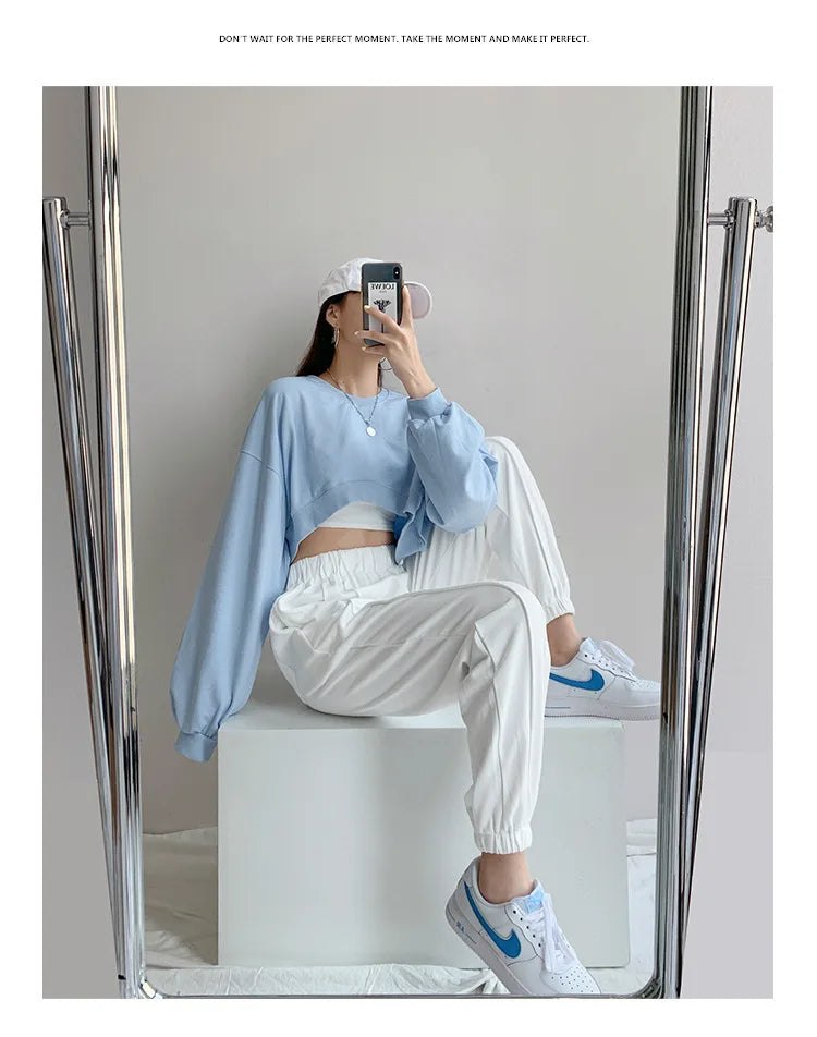 Long Sleeve Crop Top Korean Fashion Solid Loose Y2K T-shirt Woman Autumn Winter Harajuku Sexy Clothes Women Kpop Japanese Tees