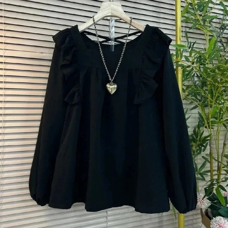 Summer Casual V-neck Back Cross Strap Fly Sleeve Elastic Shoulder Loose Fit Small Shirt Versatile Simple Top for Plump Sister