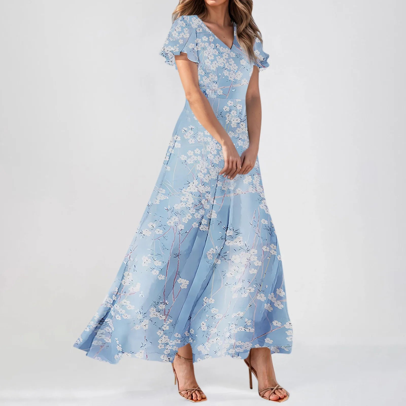 Women V-neck Ruffle Short Sleeve Maxi Dress Waist Tight High-waist Hem Sweet Floral Print Elegant Dress Female Clothing Vestidos
