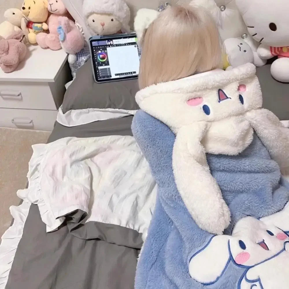 Cinnamoroll Women's Plush Pajamas Suit Sanrioed Kawaii Autumn Winter Hooded Home Clothes Cute Girl Thickened Cute Cartoon Sweet