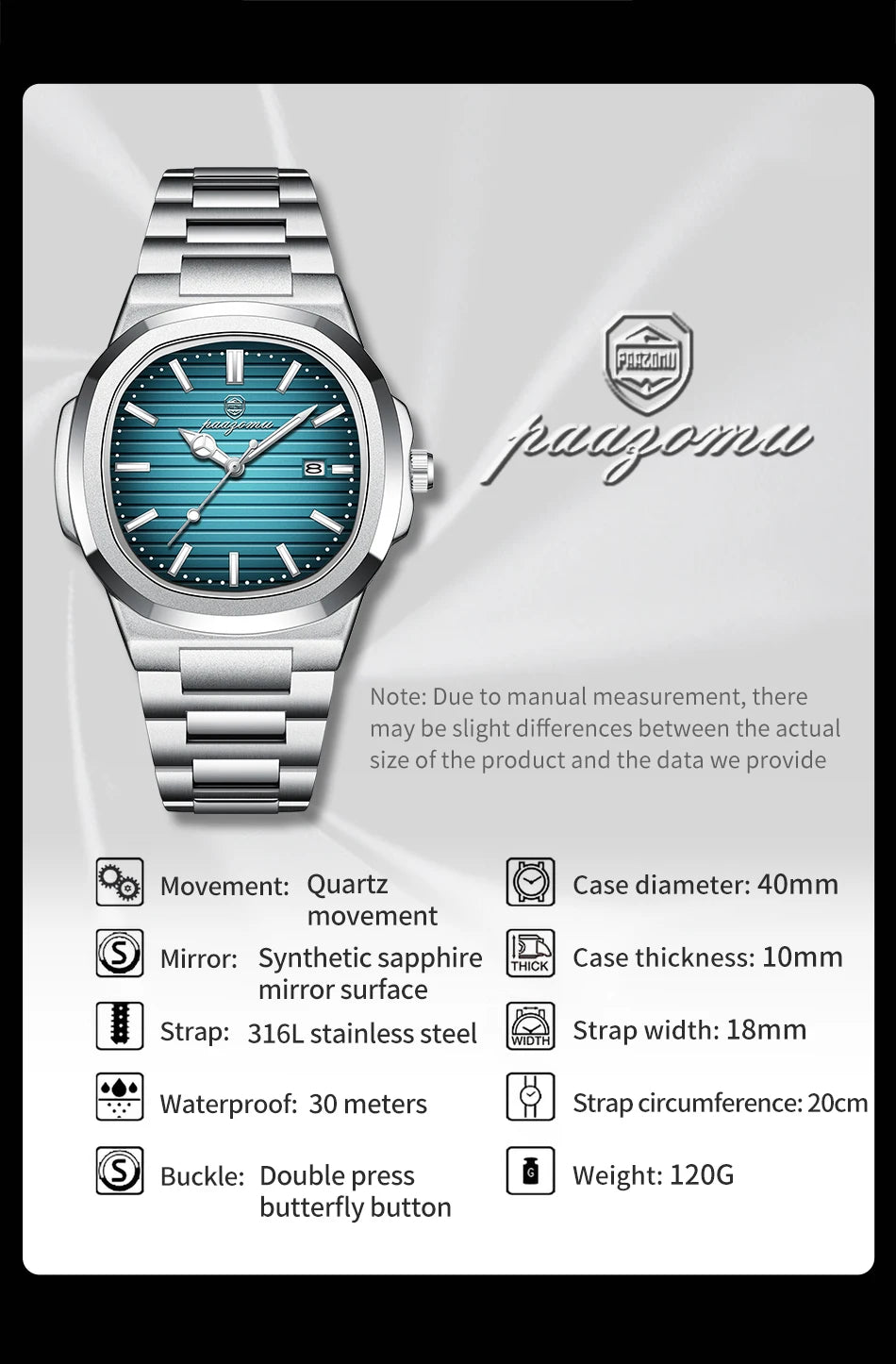 PENGAGAR Trend Men's Watches Classic Fashion Original Quartz Watch for Man Square Dial Waterproof Luminous Date Wristwatch Reloj