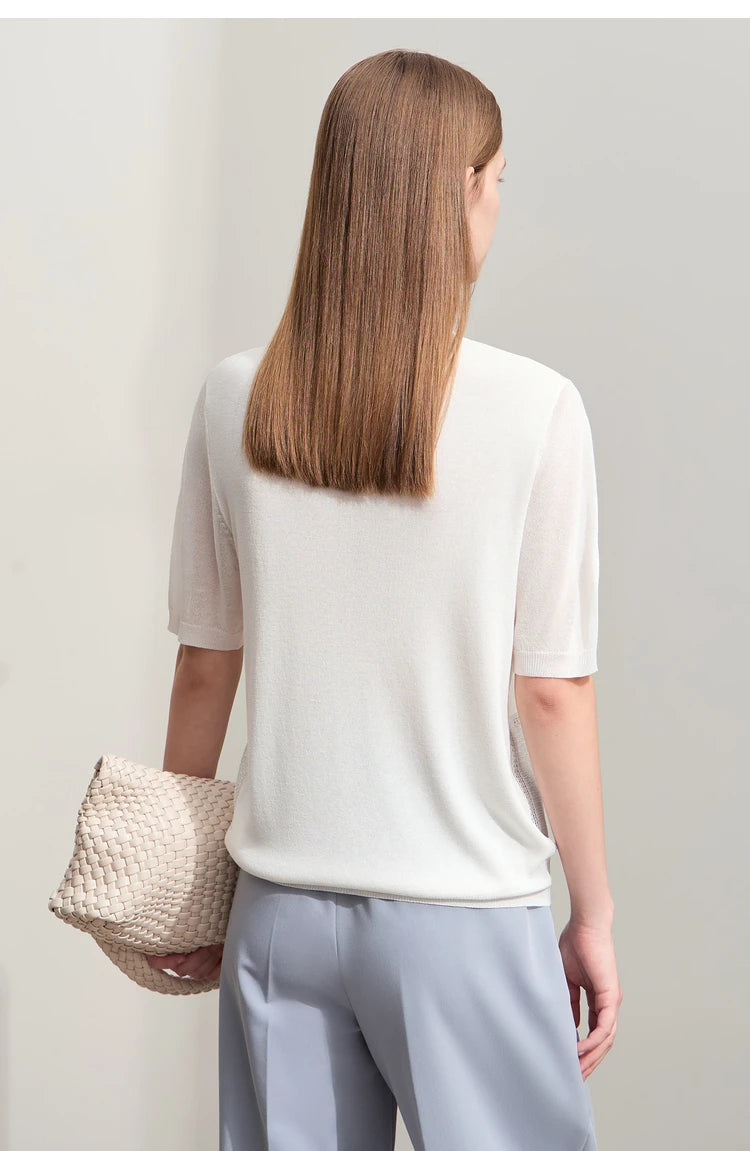 Amii Minimalism 2024 Knit Sweater Women Summer New Solid O-Neck Loose Short-sleeved Wool Casual Patchwork Chic Tops 12422028