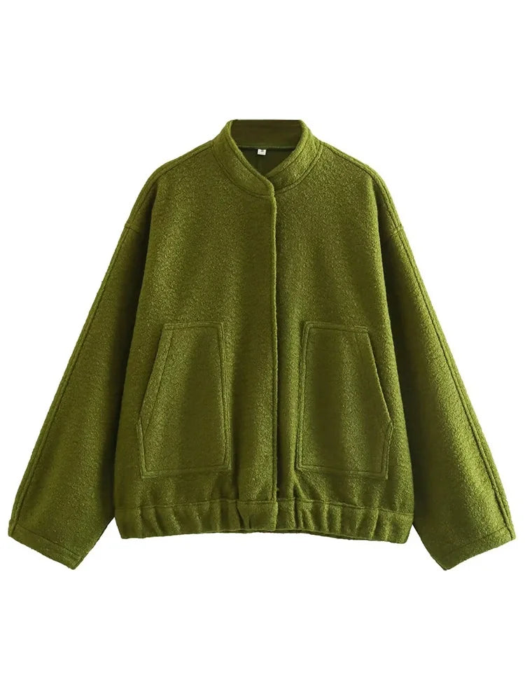 MiuKoMiYa Army Green Short Wool Blend Bomber Jackets For Women Winter Outdoor Women's Woolen Blend Coat Women Loose Wool Jacket