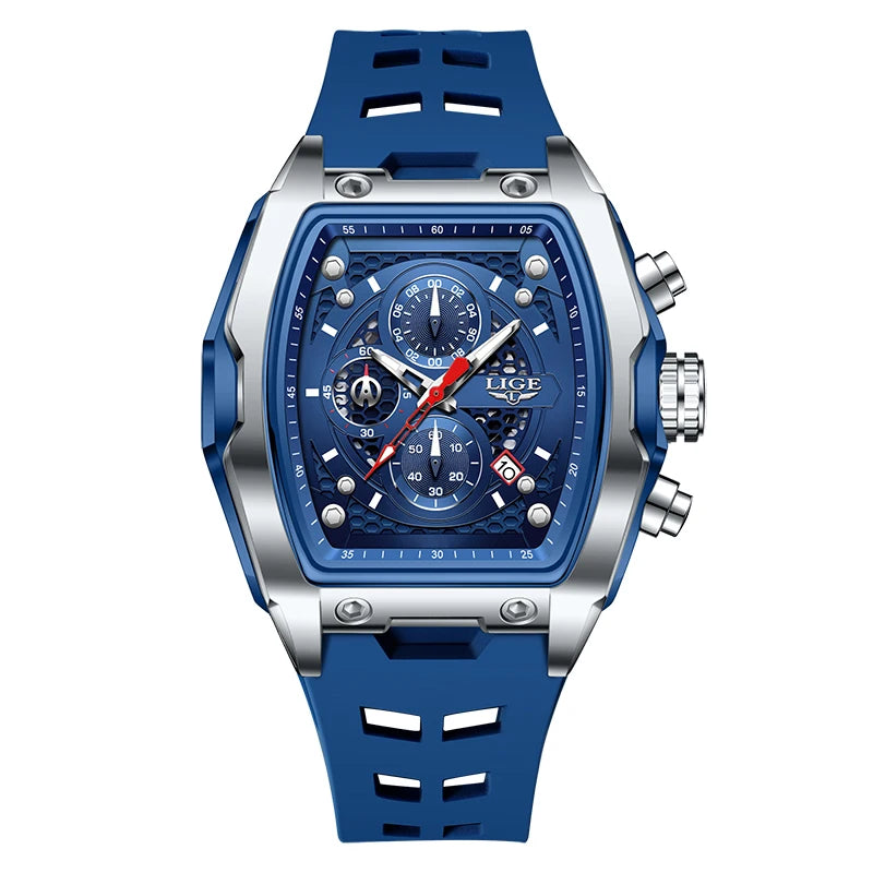 LIGE Quartz Mens Watches Fashion Business Military Wrist Watch For Men Silicone Sport Waterproof Chronograph Square Watch Men
