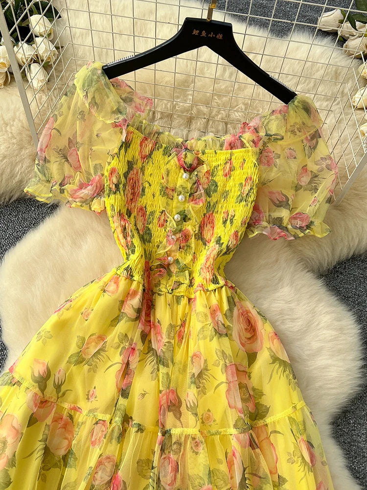 Summer Vintage French Mesh Dress for Women New Waist Cinched Slash Neck Bubble Sleeves Sweet Floral Chiffon Dress Female C146