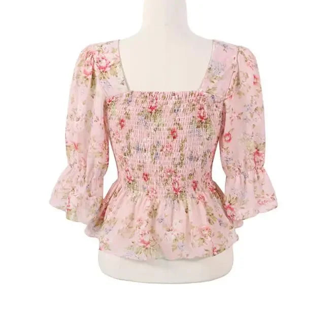 Chiffon Shirt for Women New Floral Flared Sleeves Wrapped in Chest and Waist to Make Them Look Slim Top for Women
