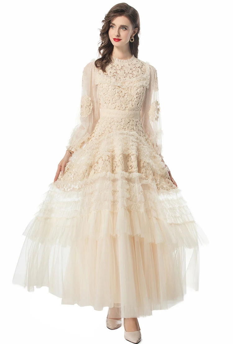 LD LINDA DELLA Fashion Designer Summer Dress Women's Vintage Solid Color Temperament Net Yarn Embroidery Cascading Ruffle Dress