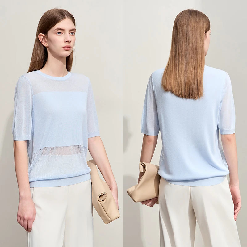 Amii Minimalism 2024 Knit Sweater Women Summer New Solid O-Neck Loose Short-sleeved Wool Casual Patchwork Chic Tops 12422028