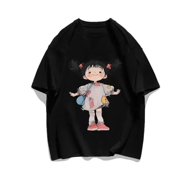 Summer Korean Version of Creative Girl Print Short-sleeved T-shirt Versatile Fashion Ladies Single Product Aesthetic Y2K Top