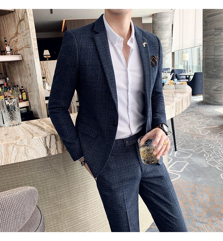 Men Luxury Slim Fit Check Suits Men Boutique Business Casual Formal Suits Sets Blazers+Pants Wedding Social Tuxedo Dress Homme