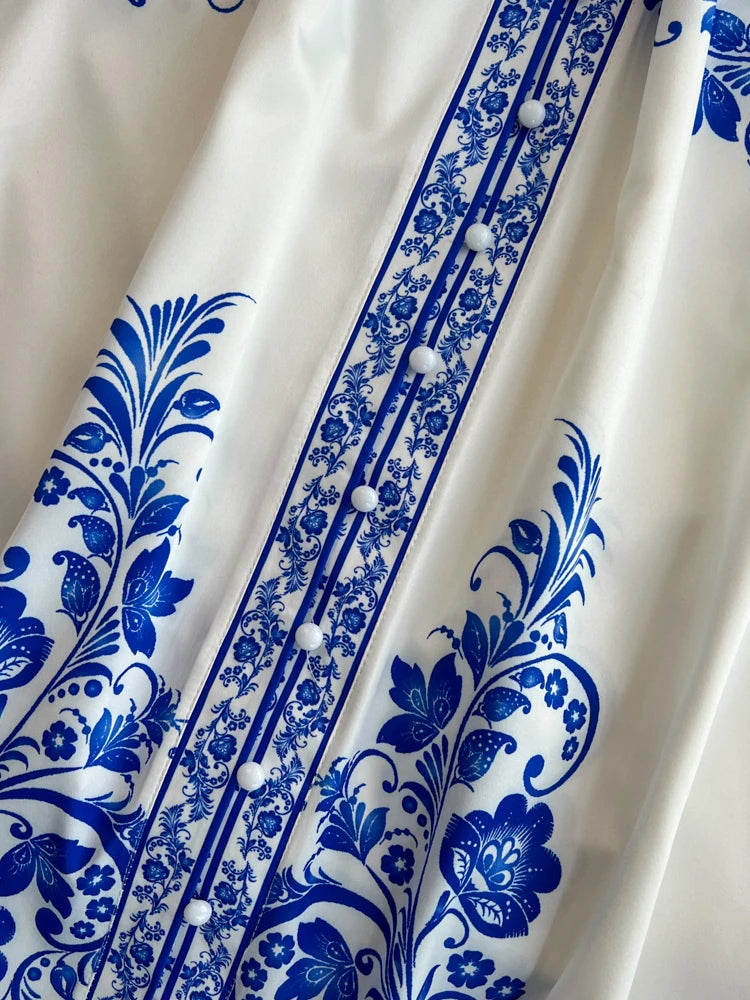 Spring Maxi Belt Dresses for Women Chic Vintage Printing Robe Femme Stand Neck Tunic Lantern Sleeve Dress 2024 Vestidos De Mujer