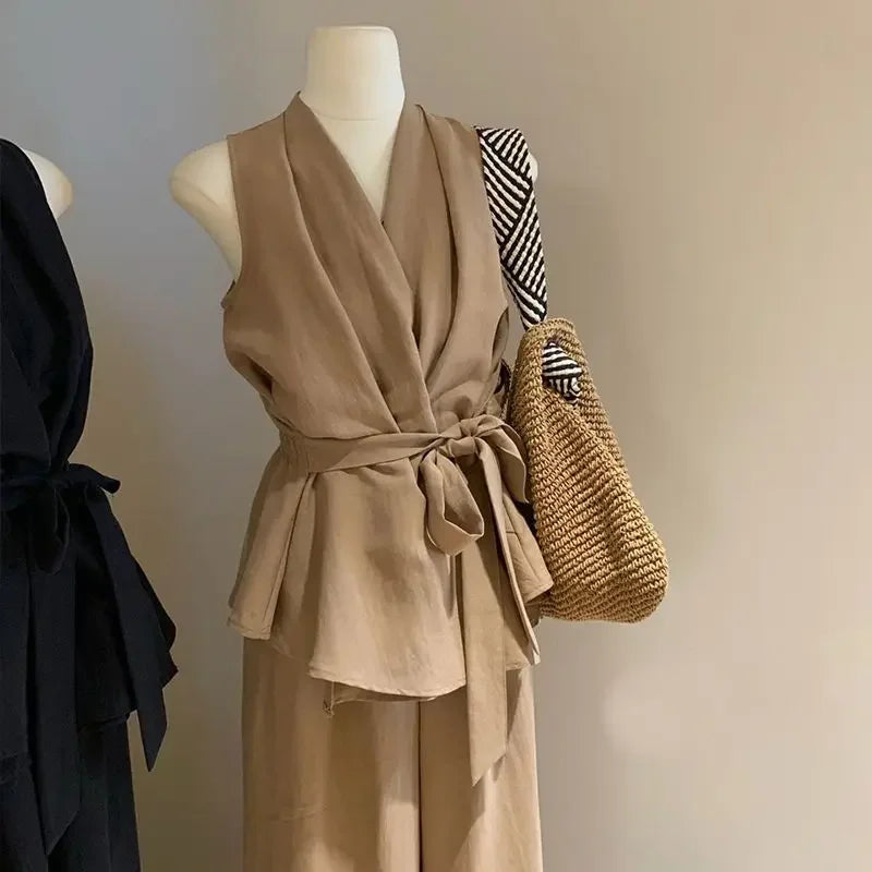 Irregular V-neck Cross Halter Vest Wide-leg Trousers for Women Summer New Suit