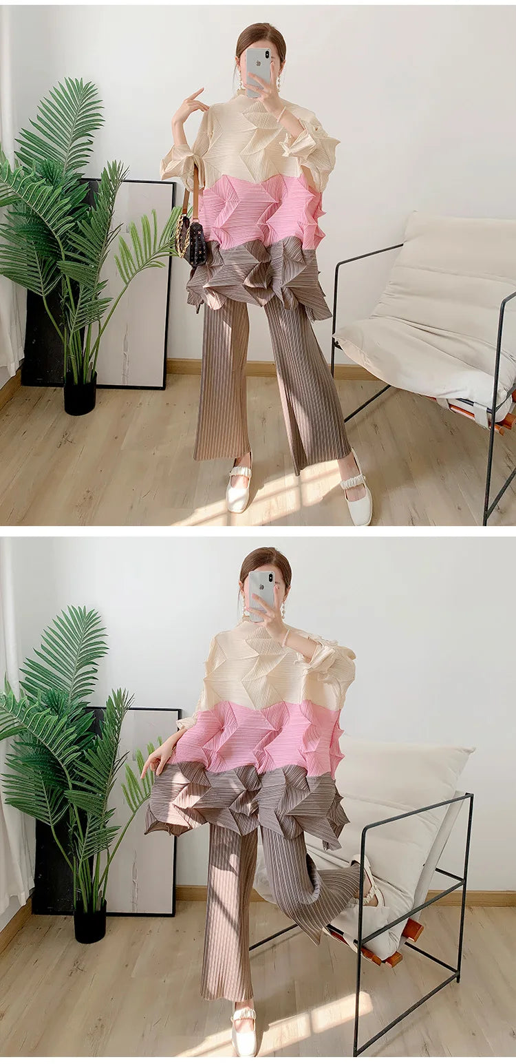 Miyake Diamond Pleated Two Piece Set Women Winter Outfits Elegant Causal Batwing Long Sleeve Three Colour Tos Straight Pants