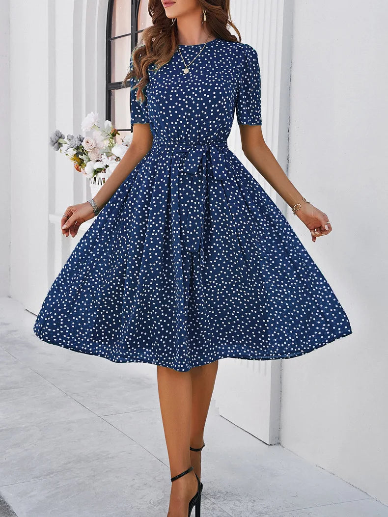 Casual Loose Printed Dot Short Dresses For Women 2025 Fashion Summer Women's A-Line Midi Dress Elegant Vintage Female Dresses