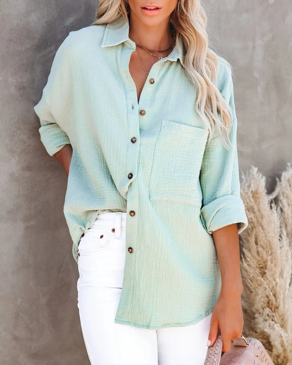 Women's Oversize Shirt Pocket Elegant Beautiful Blouse Women Casual Solid Turn Down Collar Loose Long Sleeve Top 2023 New