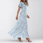 Women V-neck Ruffle Short Sleeve Maxi Dress Waist Tight High-waist Hem Sweet Floral Print Elegant Dress Female Clothing Vestidos