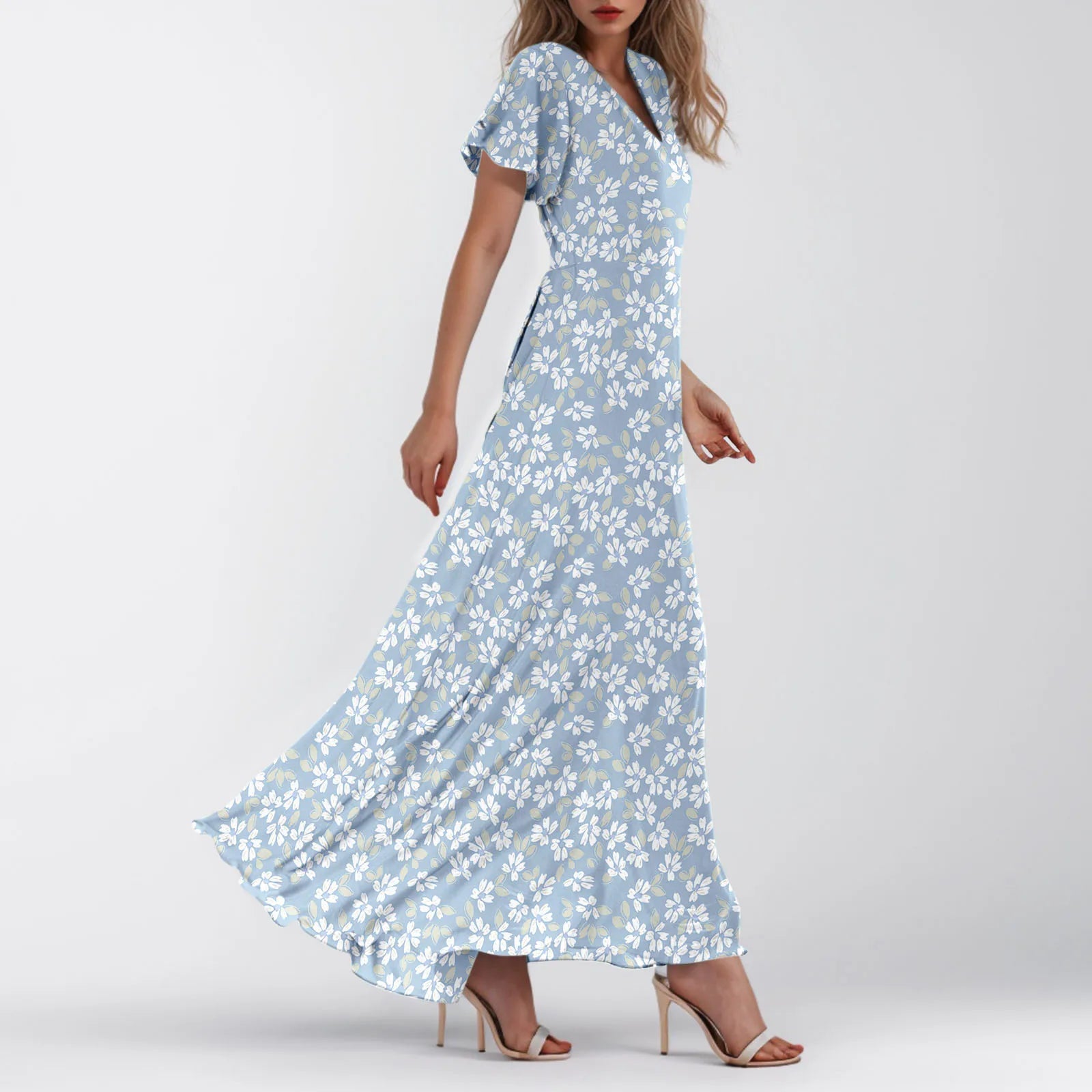 Women V-neck Ruffle Short Sleeve Maxi Dress Waist Tight High-waist Hem Sweet Floral Print Elegant Dress Female Clothing Vestidos