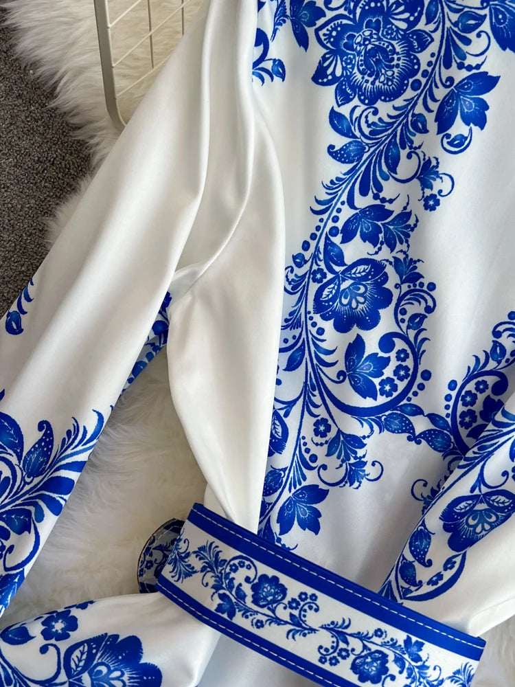 Spring Maxi Belt Dresses for Women Chic Vintage Printing Robe Femme Stand Neck Tunic Lantern Sleeve Dress 2024 Vestidos De Mujer
