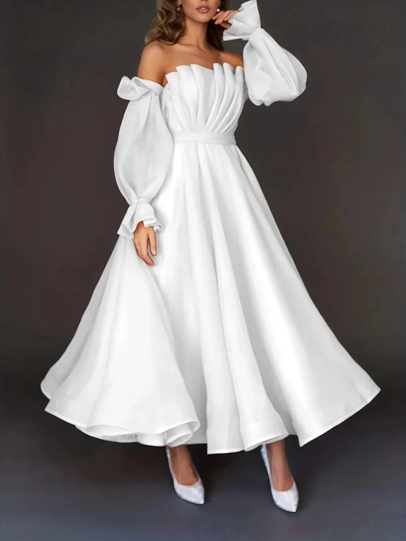 Sexy Fashion Long Sleeve Off Shoulder High Waist Corset Folds Evening Graduation Dress Robe Prom Elegant Women Long Party Dress