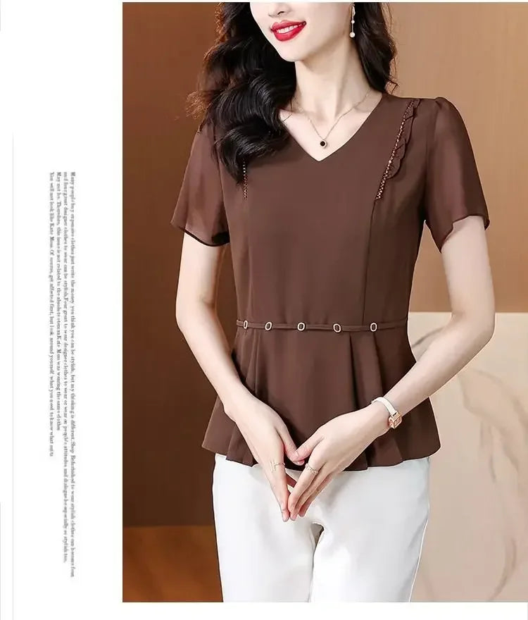 New Summer Solid Color Short-sleeved T-shirt Women with Large Size Fat Mm Slim V-neck Top Fashionable Temperament Small Shirt