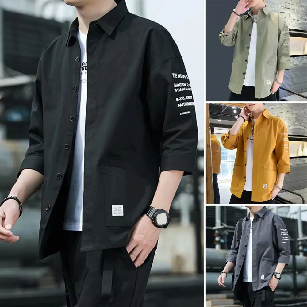 Japanese Style Men Cargo Shirt Half Sleeve Single-breasted Shirt Vintage Logo Label Decor Men Jacket Casual Loose Cardigan Shirt