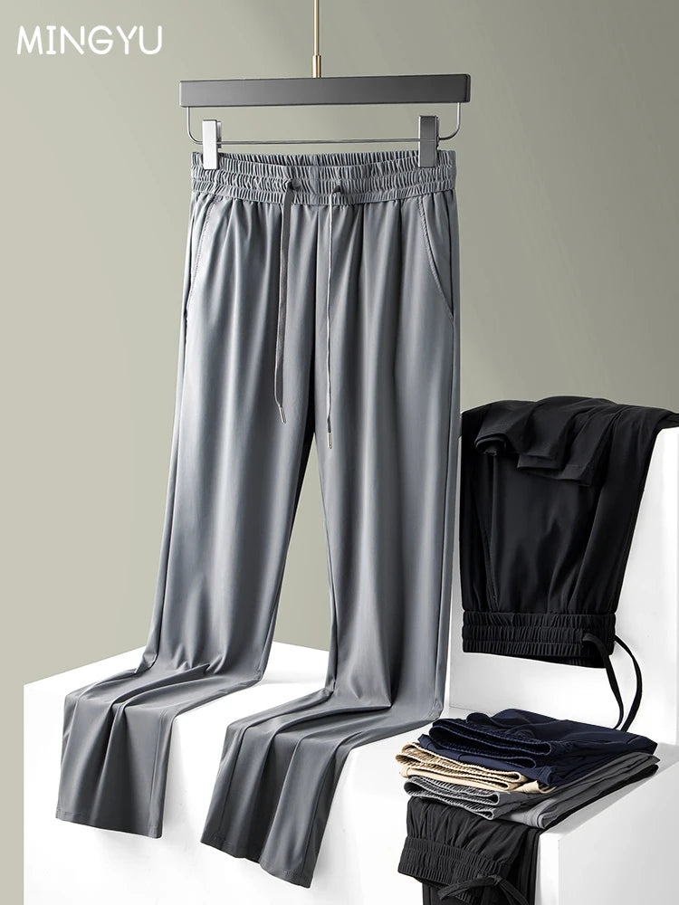 Summer High Stretch Smooth Ice Silk Casual Pants Man Thin Soft Elastic Waist Korean Grey Sweatpants Sports Jogging Trousers Male