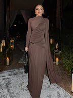 Fashion Brown Pleated Long Sleeve Dress Women Elegant O-neck Bodycon Prom Robes 2025 New Summer Lady Street Party Dresses