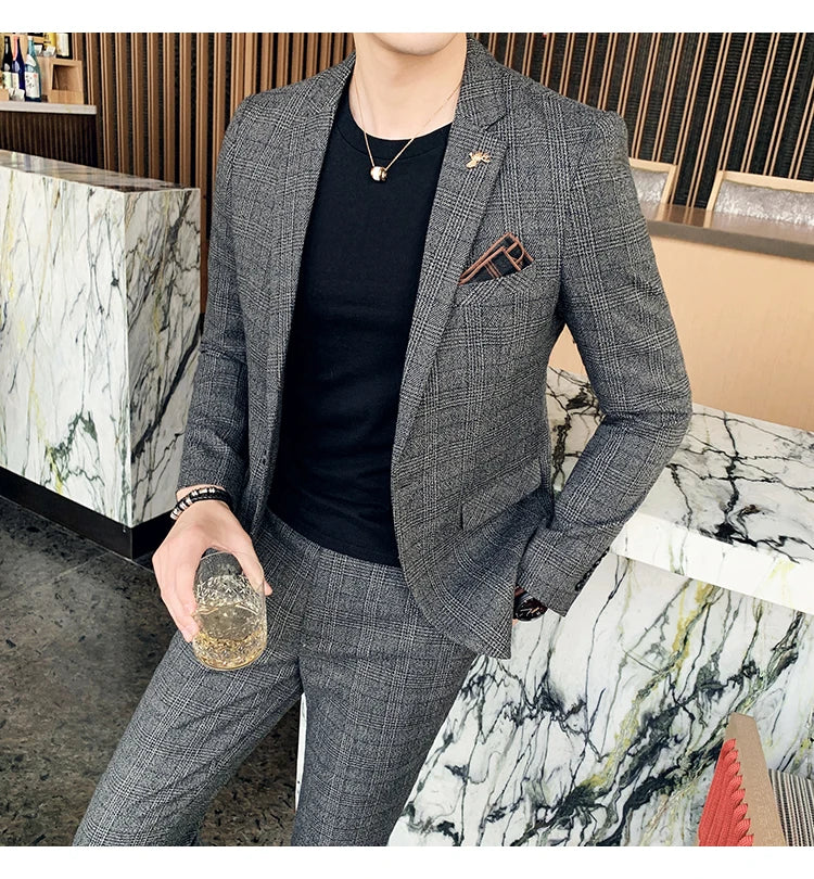 Men Luxury Slim Fit Check Suits Men Boutique Business Casual Formal Suits Sets Blazers+Pants Wedding Social Tuxedo Dress Homme