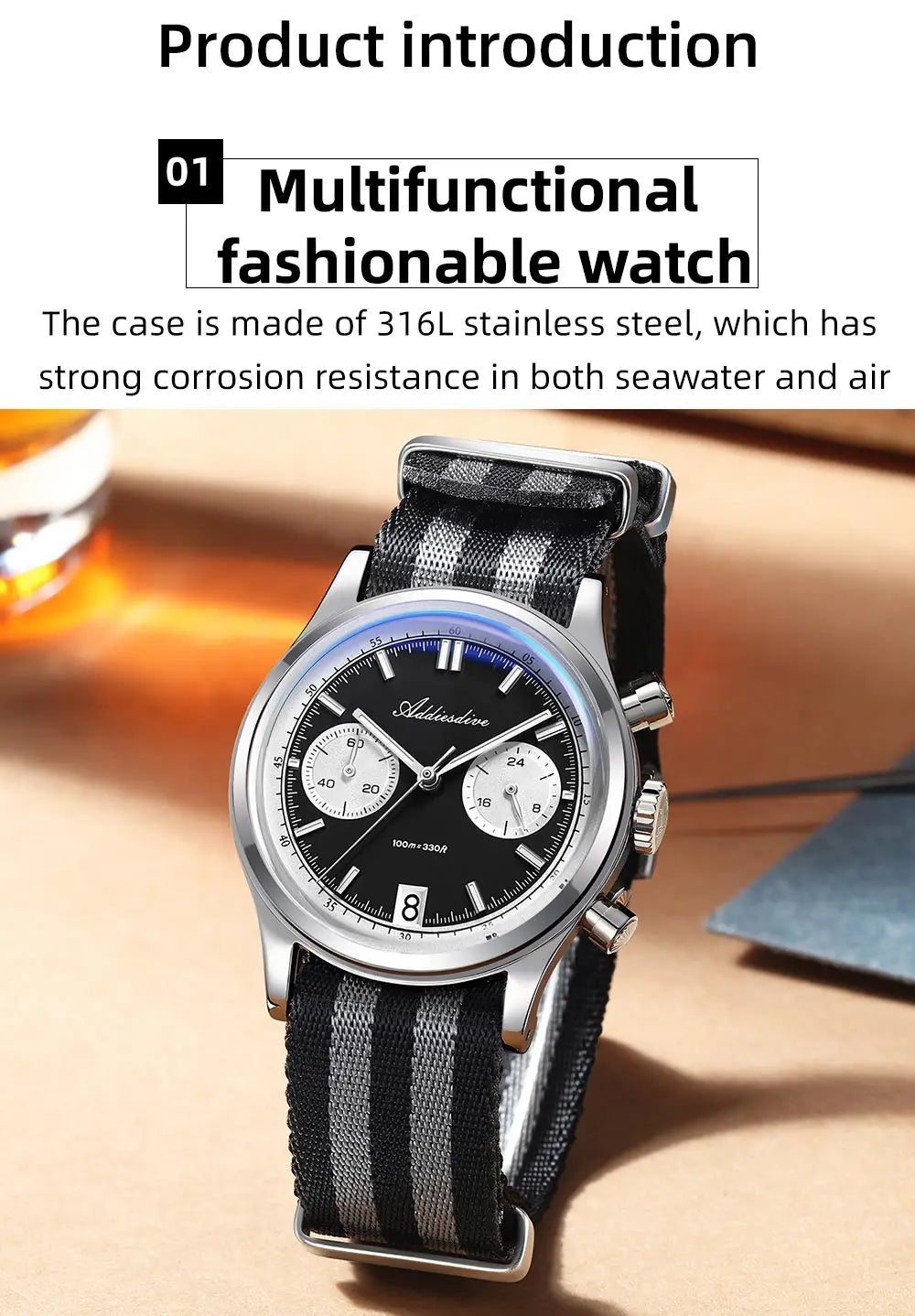 ADDIESDIVE AD2095 Watch of Men 60min Chronograph Quartz Wristwatch Bubble Mirror Glass Luminous Waterproof Men's Watches 38mm