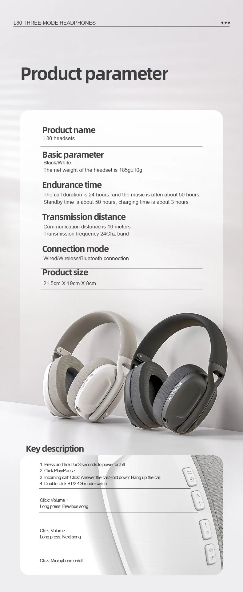 SMAILWOLF L80 Bluetooth wireless wired three-mode gaming headset laptop home lightweight headset with microphone